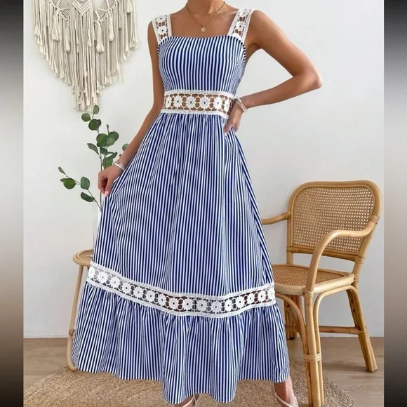 Boho Stripes Floral Sheer Mesh Lace Tiered Cami Maxi Dress - Picture 6 of 6